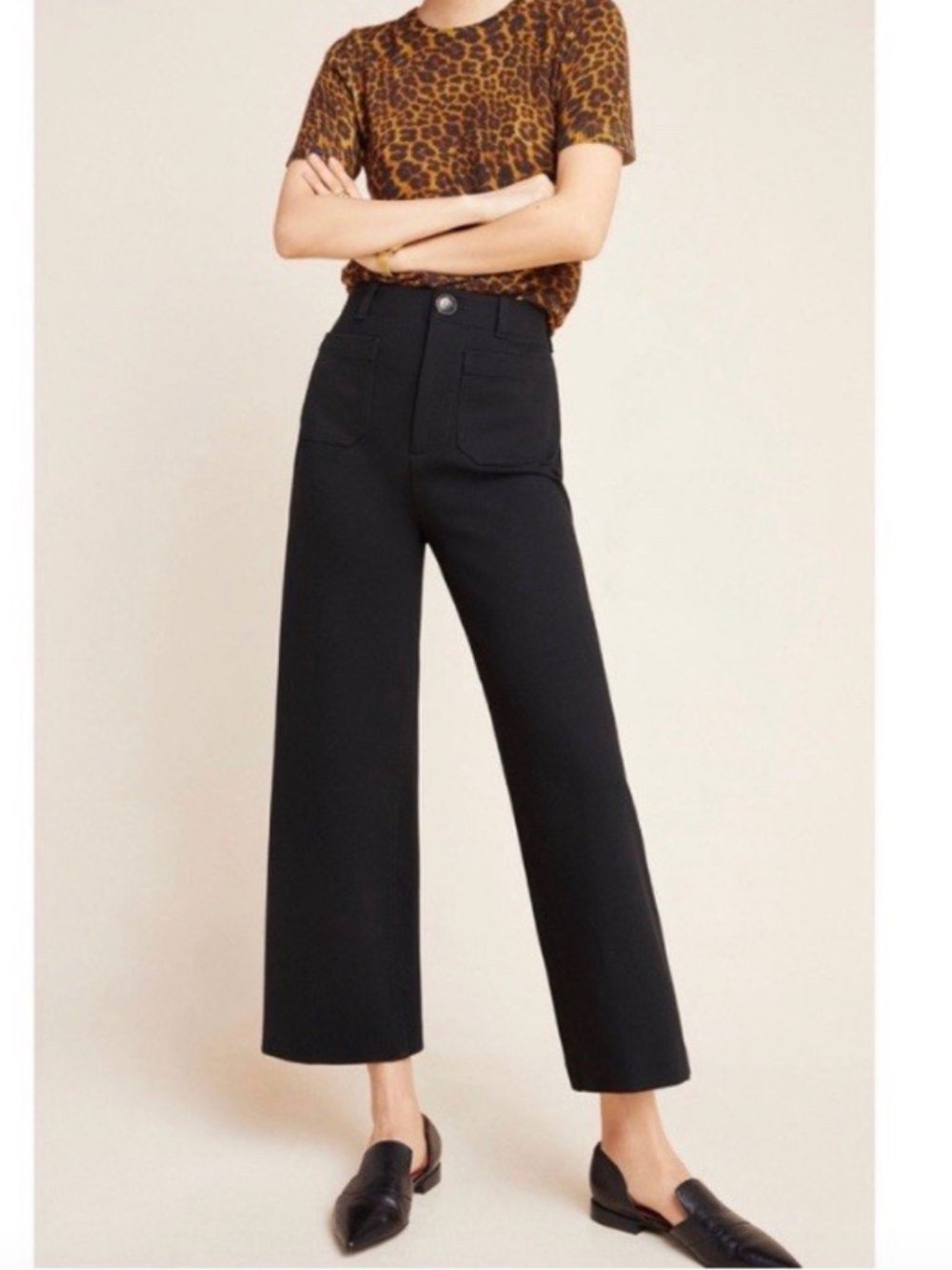 By Anthropologie Courtney Black Ponte Stretch High Rise Cropped Wide Leg Pants 6